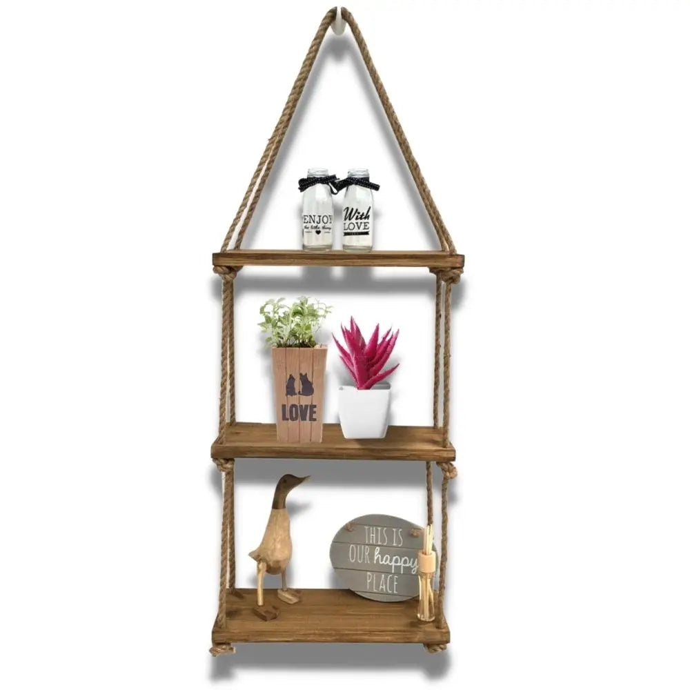 Étagère Bois et Corde Triple Étage Déco Indus