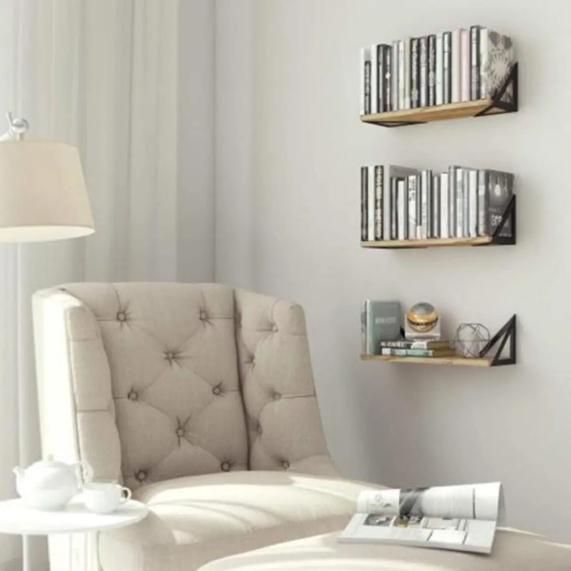 Étagères Murales Bois Massif & Acier (lot de 3) Déco Indus