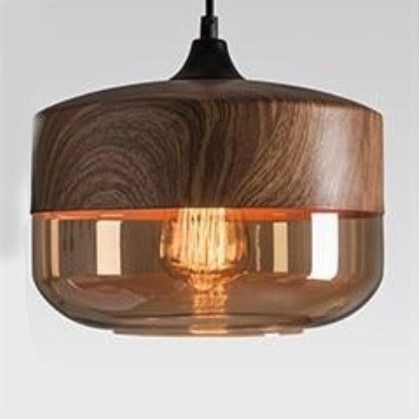 Suspension Industrielle Bois Et Verre Ronde