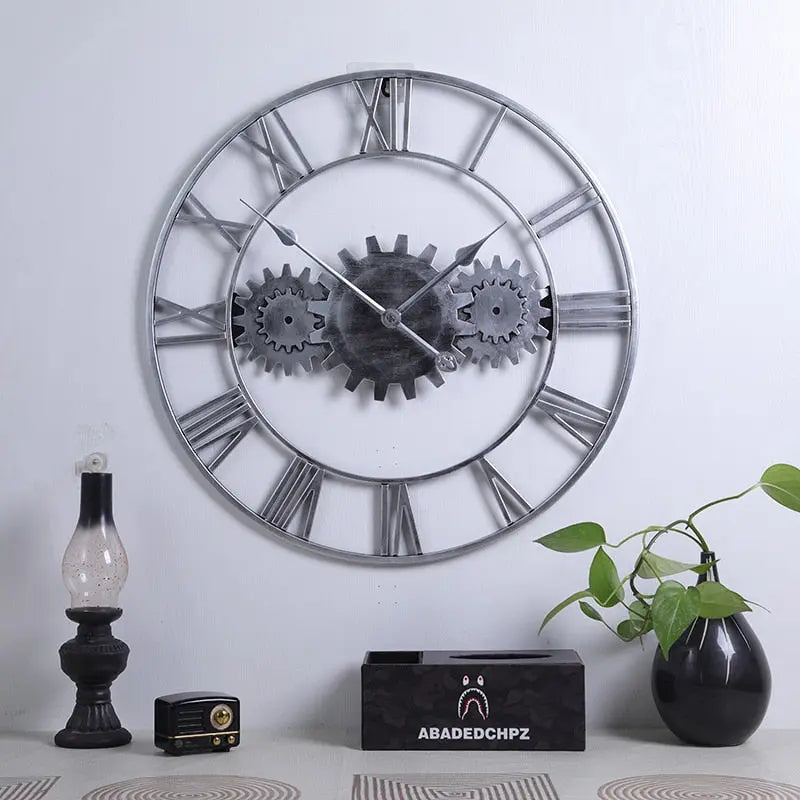 Horloge Industrielle Triple Engrenage Argent Déco Indus