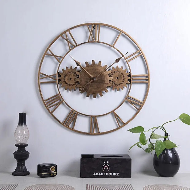 Horloge Industrielle Triple Engrenage Or