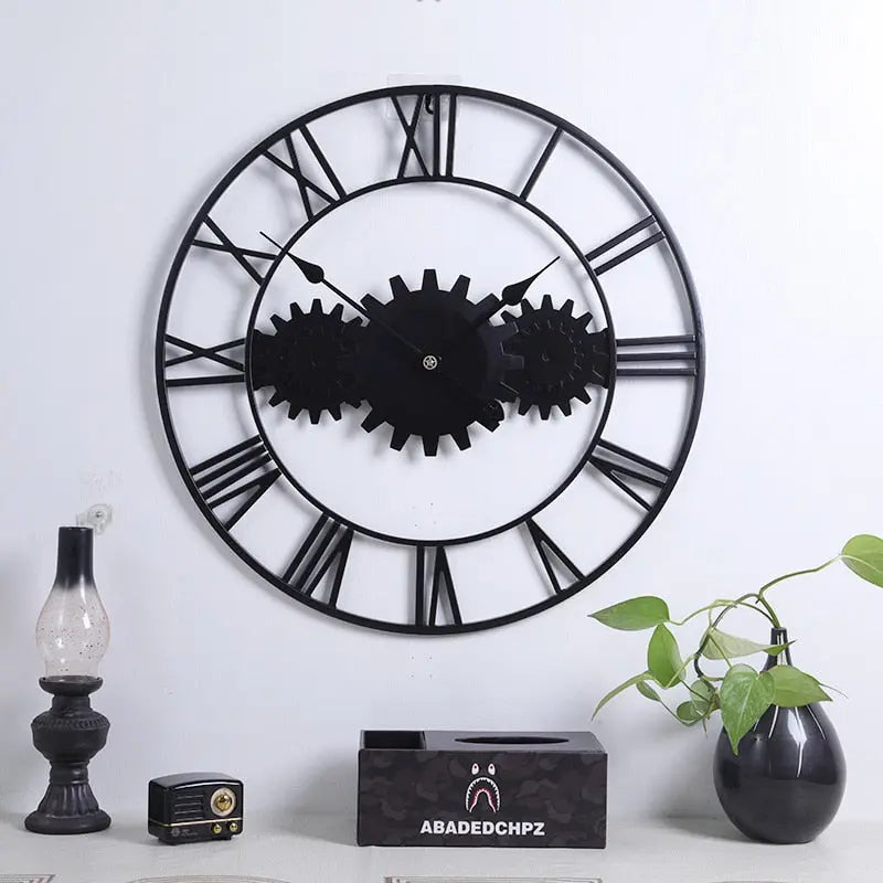 Horloge Industrielle Triple Engrenage Noire Déco Indus