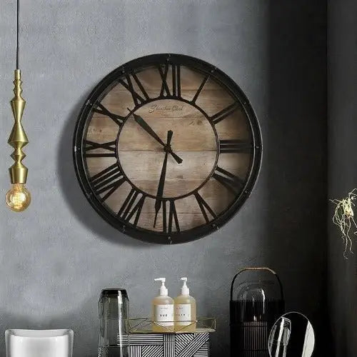Horloge Industrielle Noire Et Bois