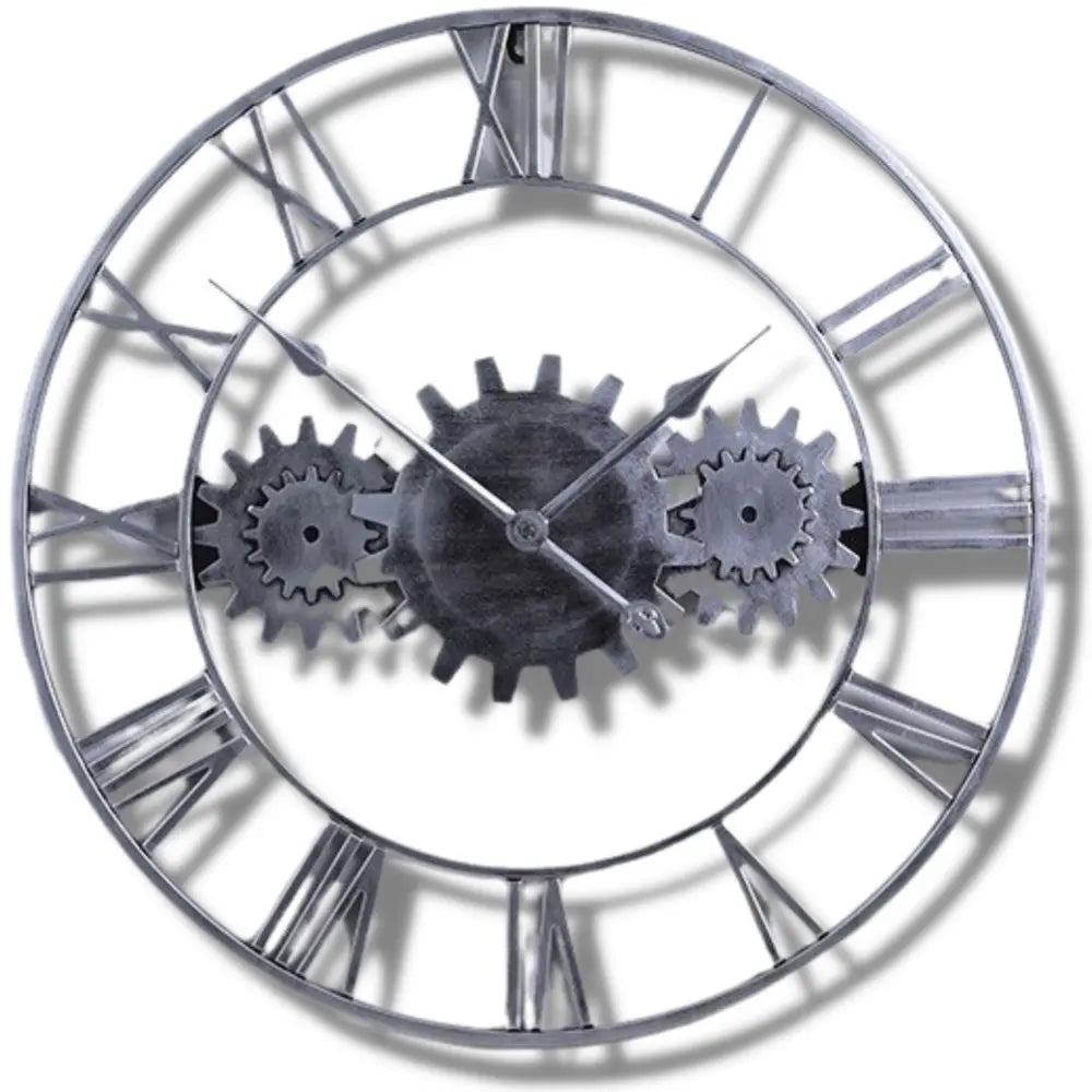 Horloge Industrielle Triple Engrenage Argent Déco Indus