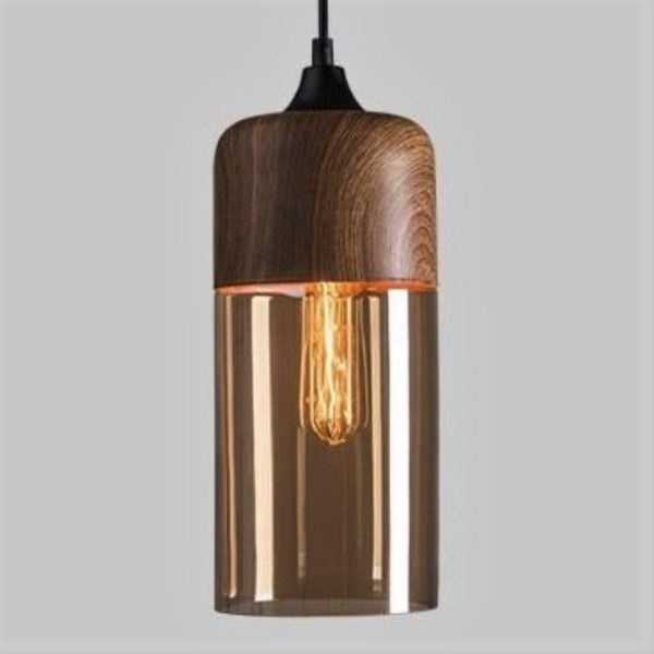 Suspension Industrielle Bois Et Verre Originale