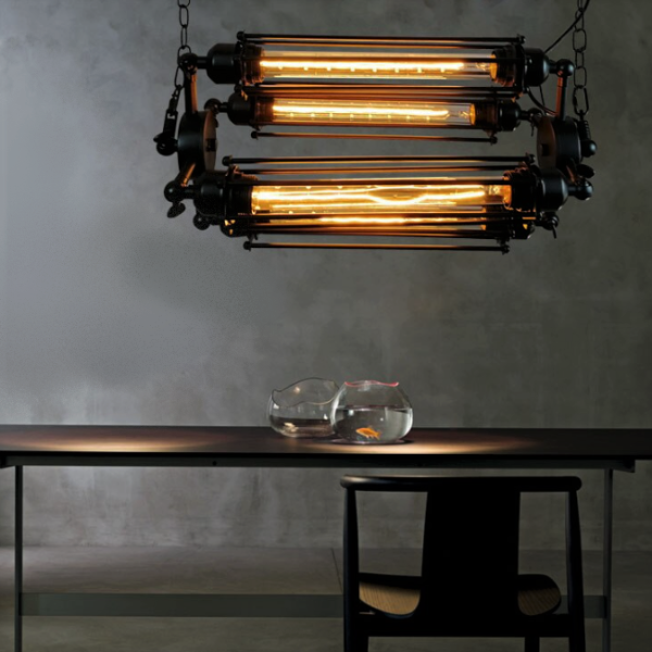 Suspension Industrielle Noire 4 Lampes